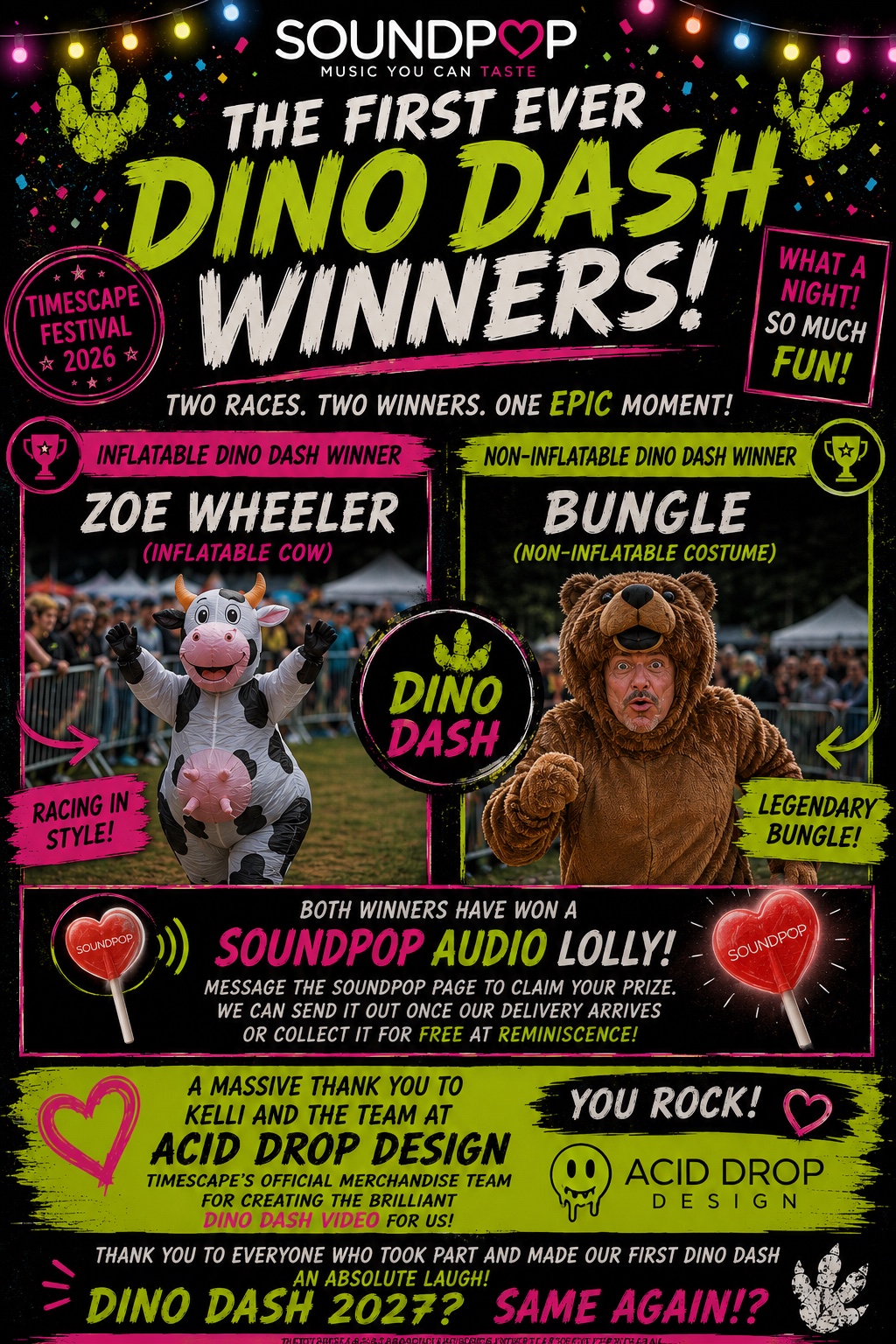 Sound Pop First Ever Dino Dash winners poster featuring Zoe Wheeler and Bungle at Timescape Festival 2026