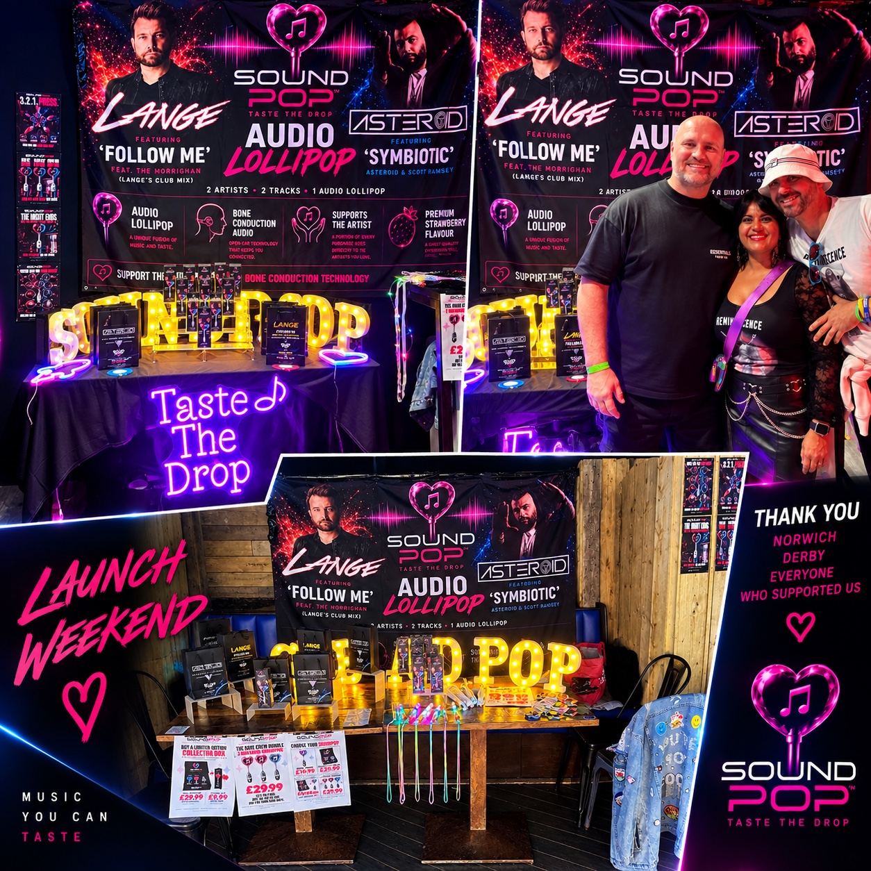 Sound Pop launch weekend collage showing the illuminated stand at Reminiscence in Norwich and Motion in Derby